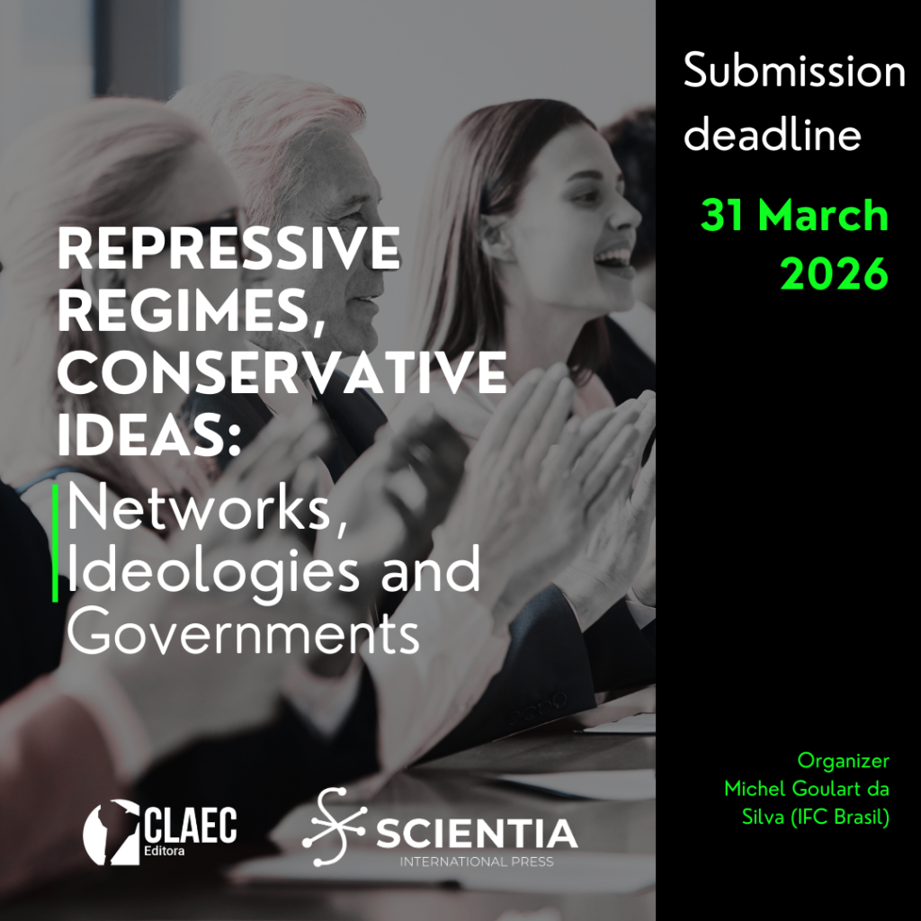 Pôster promocional para a chamada do livro “Repressive Regimes, Conservative Ideas: Networks, Ideologies, and Governments”, mostrando pessoas aplaudindo em um ambiente político e o prazo de envio de 31 de março de 2026.