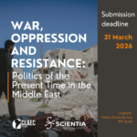 Cartel promocional de la convocatoria del libro “Guerra, opresión y resistencia: Política del tiempo presente en Oriente Próximo”, que representa un paisaje urbano dañado por la guerra y cuyo plazo de presentación finaliza el 31 de marzo de 2026.