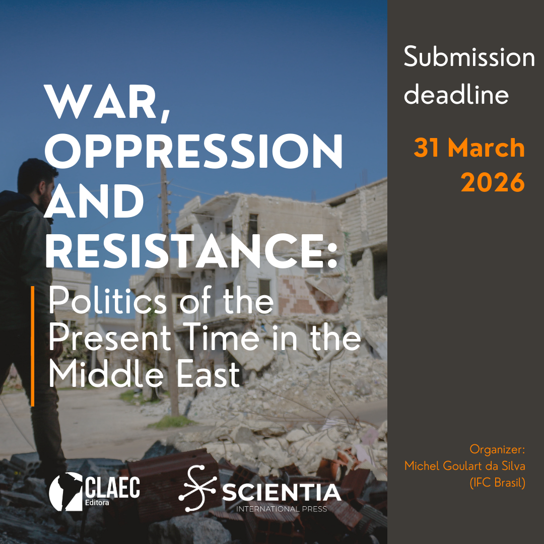 Cartel promocional de la convocatoria del libro “Guerra, opresión y resistencia: Política del tiempo presente en Oriente Próximo”, que representa un paisaje urbano dañado por la guerra y cuyo plazo de presentación finaliza el 31 de marzo de 2026.