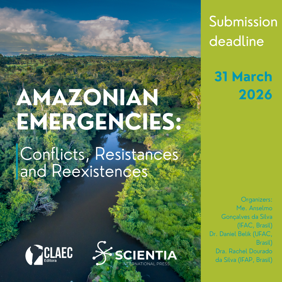 Cartel promocional de la convocatoria del libro “Emergencias amazónicas: Conflictos, resistencias y reexistencias”, que muestra una vista aérea de la selva y el río Amazonas y cuyo plazo de presentación finaliza el 31 de marzo de 2026.