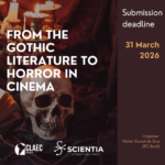 Cartel promocional de la convocatoria del libro “De lo gótico en la literatura al horror en el cine”, con una calavera, velas y una oscura estética gótica, cuyo plazo de presentación finaliza el 31 de marzo de 2026.