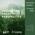 Cartel promocional de la convocatoria del libro “Áreas protegidas en perspectiva”, con un paisaje forestal brumoso y la fecha límite de presentación del 31 de marzo de 2026.