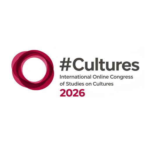 Logotipo oficial de #Cultures 2026, Congreso Internacional en línea de Estudios sobre Culturas, que presenta un símbolo circular en tonos burdeos y rosa.